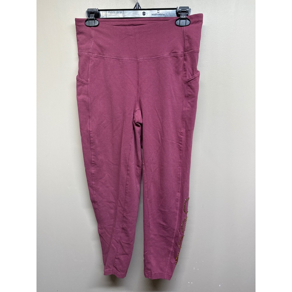 Bebe Sport Pink Ribbed High Waist Leggings Women M Pocket Rhinestone Detail